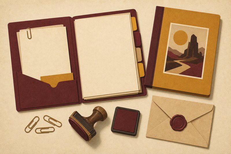Flatlay kreativer Bewerbungsunterlagen: Dossier-Mappe mit Registerreitern, Portfolio-Heft, Umschlag mit Siegel und Stempel