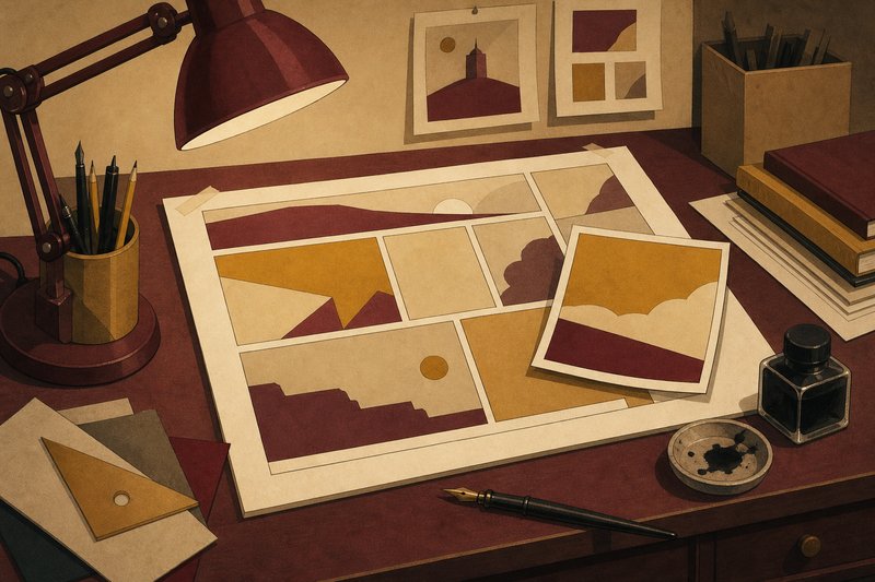 Illustration: ein Zeichentisch mit ausgelegten Comic-Panels, Tuschestift, Tintenfass und Schreibtischlampe