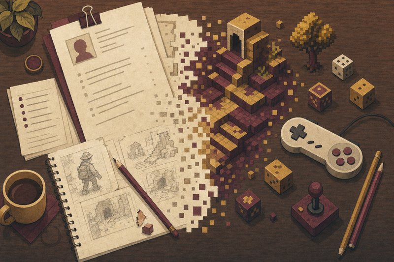 Illustration: Bewerbungsunterlagen werden zu Spielelementen — Notizen, Skizzen und ein Controller auf einem Schreibtisch