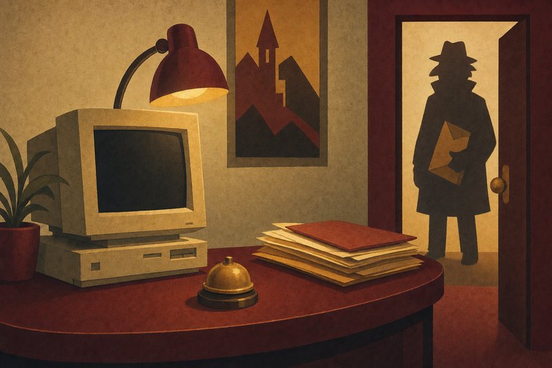 Illustration im Stil eines klassischen Point-and-Click-Adventures: Empfangstresen eines Spielestudios, an dem ein hartnäckiger Bewerber wartet