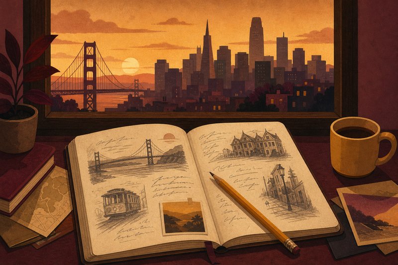 Illustration: ein aufgeschlagenes Tagebuch mit Notizen auf einem Schreibtisch, im Fenster dahinter die Silhouette von San Francisco in der Abenddämmerung