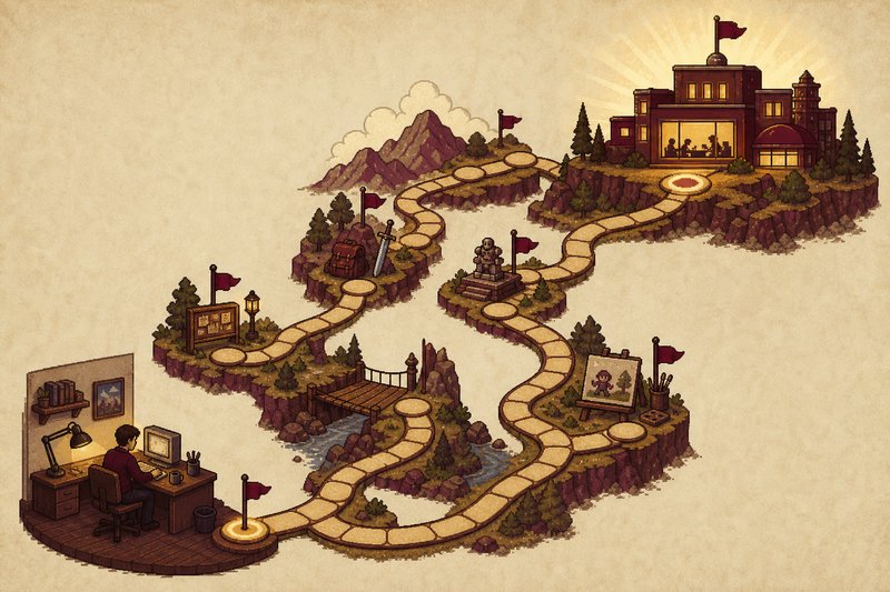 Stilisierte Karriere-Landkarte: ein Weg führt vom heimischen Schreibtisch über Etappenziele zu einem leuchtenden Spielestudio