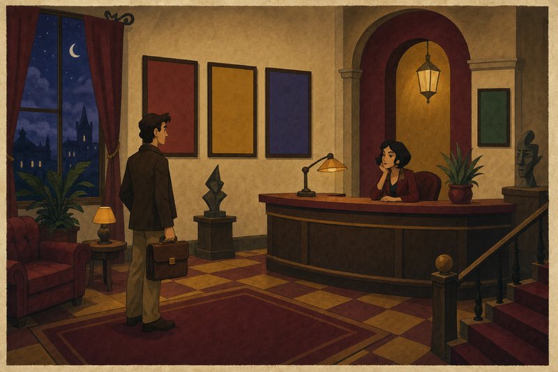 Stilisierte Adventure-Spielszene: Empfangstresen eines Spielestudios mit wartendem Bewerber im Stil klassischer Point-and-Click-Adventures